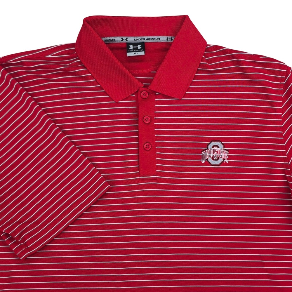 Under Armour Ohio State Buckeyes Polo Mens XXL Red Striped Short Sleeve Golf OSU